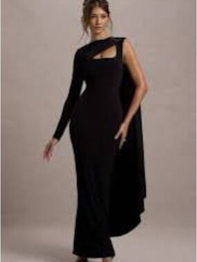Club London Black One-Shoulder Cape Evening Dress